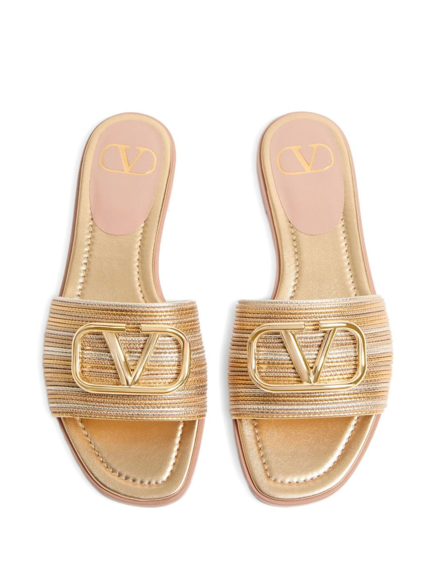 Valentino Garavani VLogo Signature Gold Metallic Slides For Women Elegant Open Toe Luxury Sandals