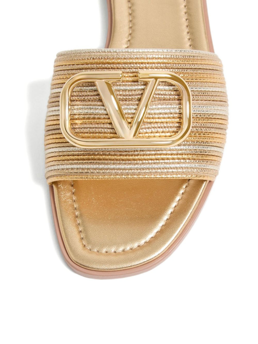 Valentino Garavani VLogo Signature Gold Metallic Slides For Women Elegant Open Toe Luxury Sandals
