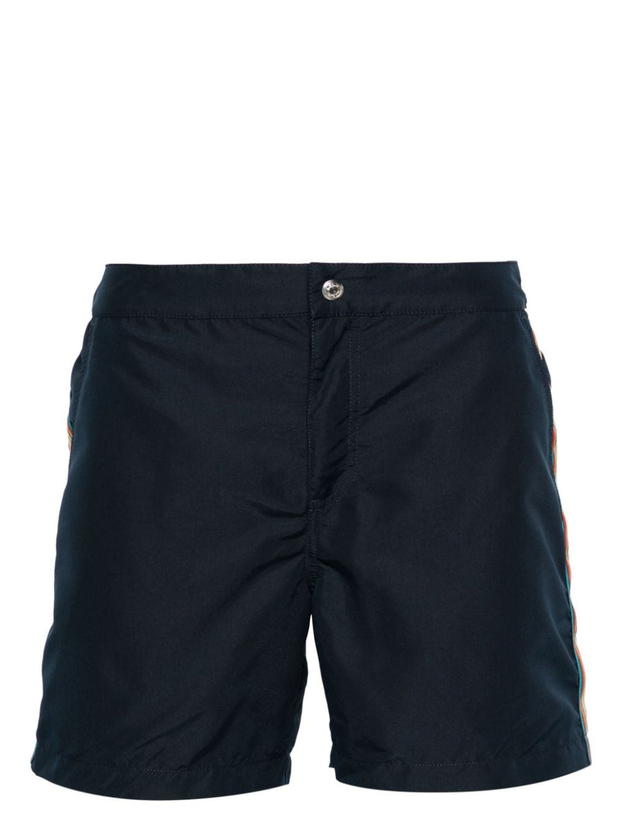 Paul Smith Signature Stripe Swim Shorts For Men Navy Mid-Rise With Rainbow Stripe Detail In Recycled Polyester