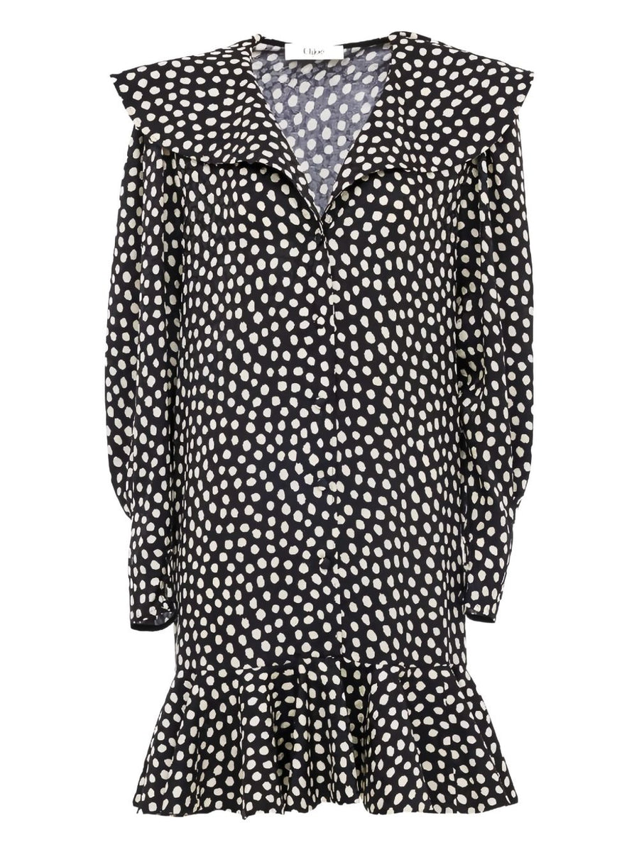 Chloé Silk Polka Dot V Neck Long Sleeve Dress For Women With Ruffled Hem Luxury