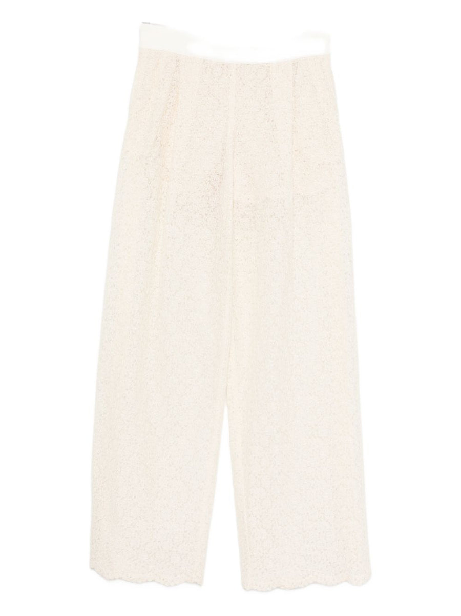 Ermanno Scervino Embroidered White Wide Leg Trousers For Women With Cream Scalloped Hem And Delicate Embroidery