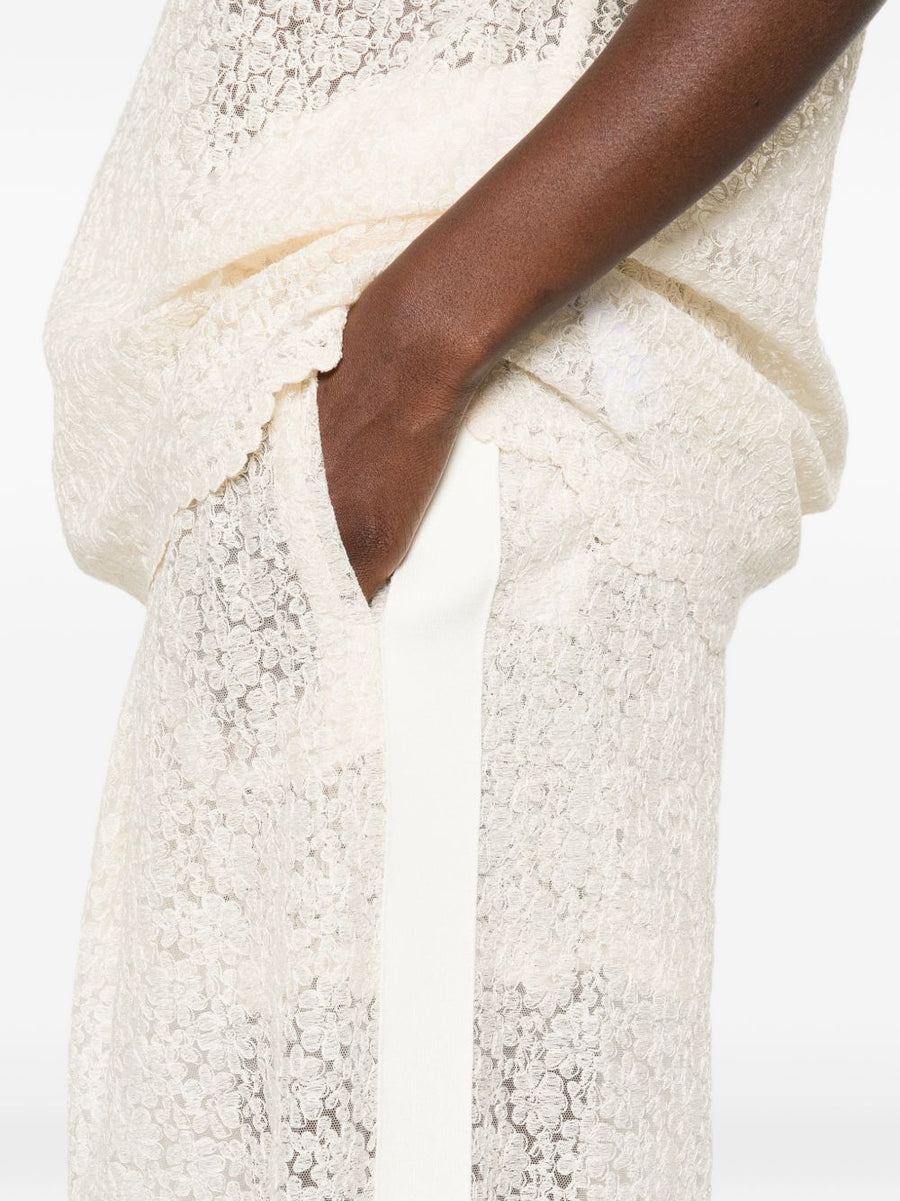 Ermanno Scervino Embroidered White Wide Leg Trousers For Women With Cream Scalloped Hem And Delicate Embroidery
