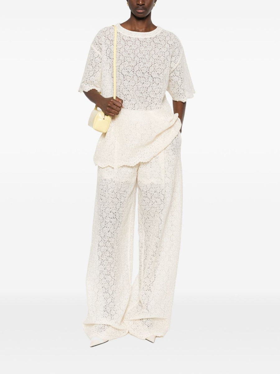 Ermanno Scervino Embroidered White Wide Leg Trousers For Women With Cream Scalloped Hem And Delicate Embroidery
