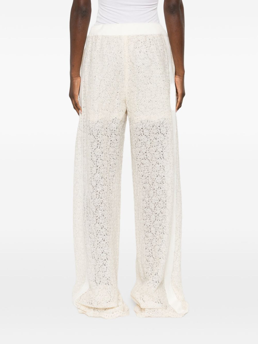 Ermanno Scervino Embroidered White Wide Leg Trousers For Women With Cream Scalloped Hem And Delicate Embroidery
