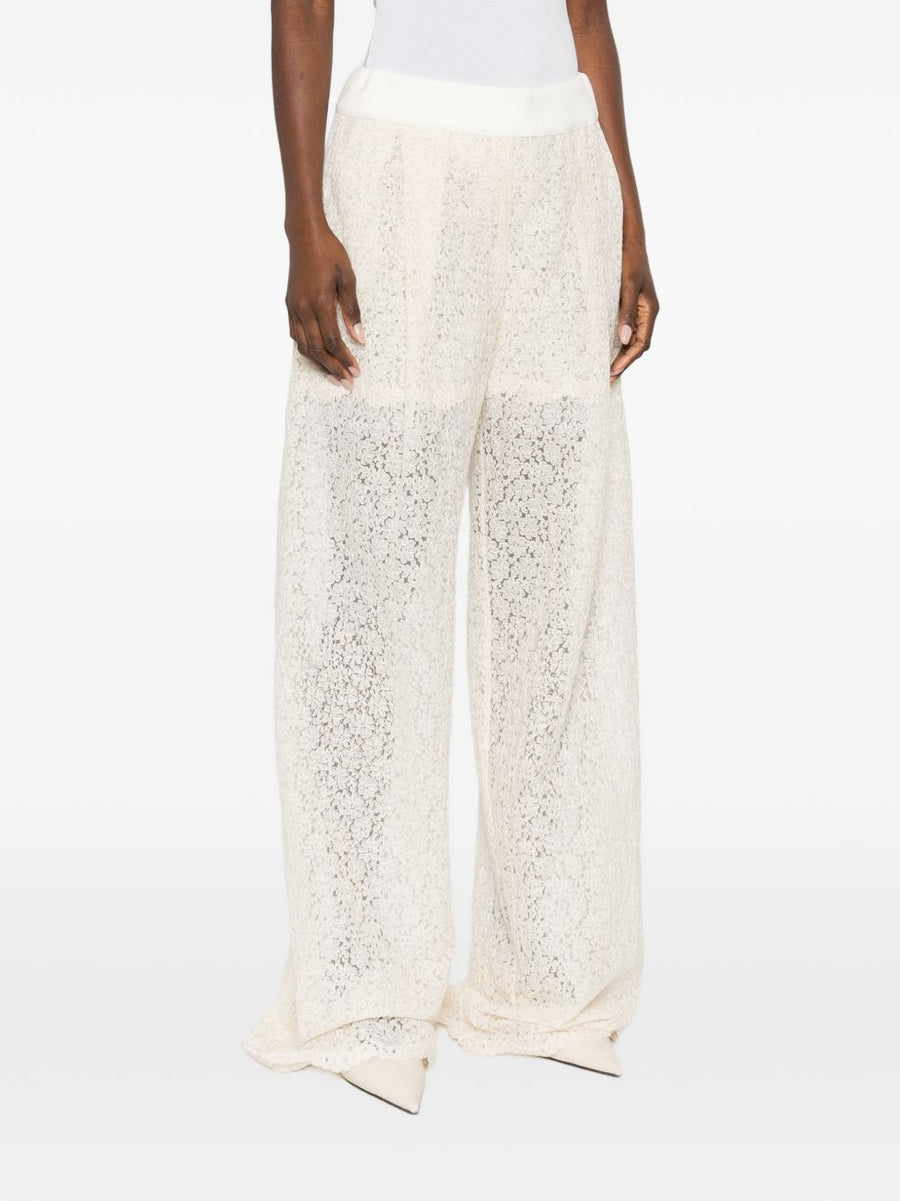 Ermanno Scervino Embroidered White Wide Leg Trousers For Women With Cream Scalloped Hem And Delicate Embroidery