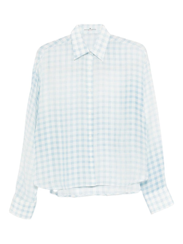 Ermanno Scervino Silk Shirt For Women Premium 100 Percent Silk Light Blue Check Pattern Polished And Versatile