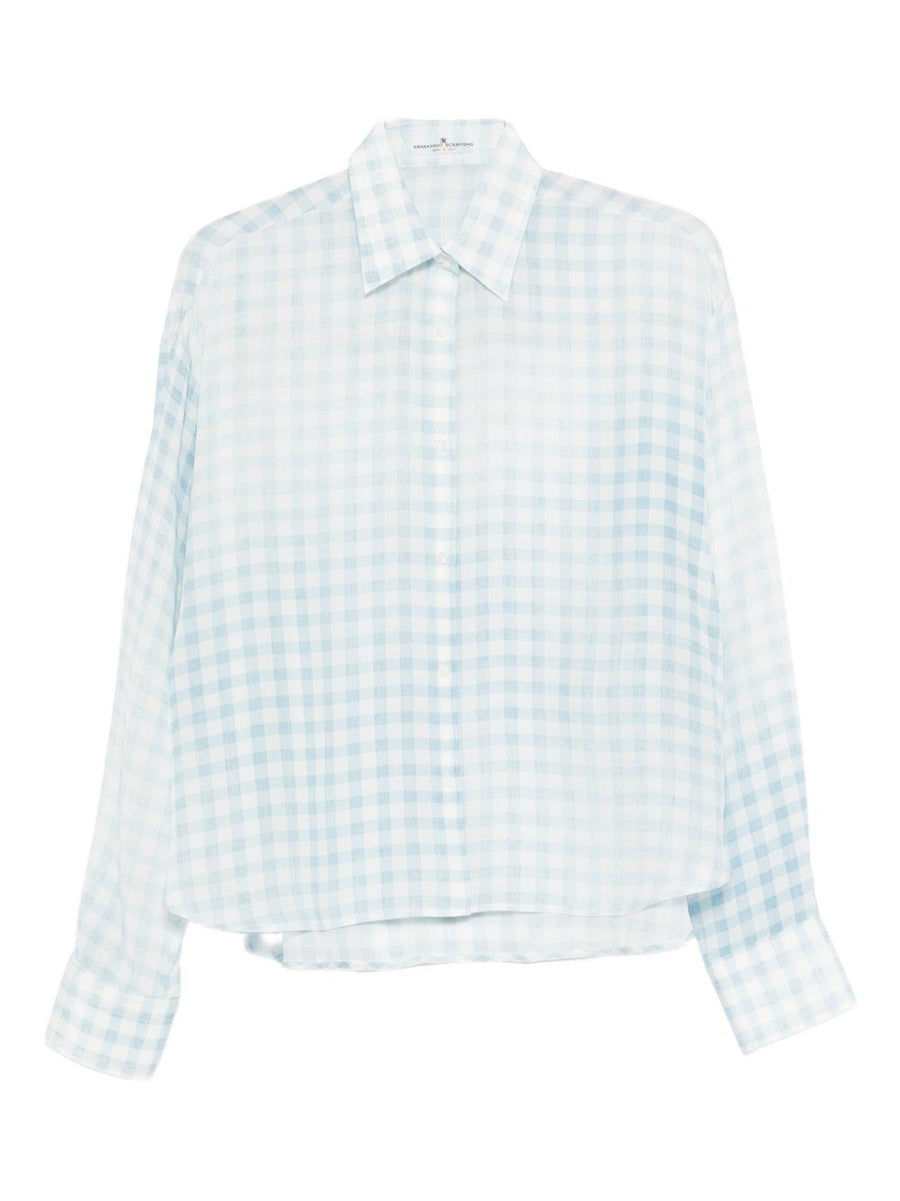 Ermanno Scervino Silk Shirt For Women Premium 100 Percent Silk Light Blue Check Pattern Polished And Versatile
