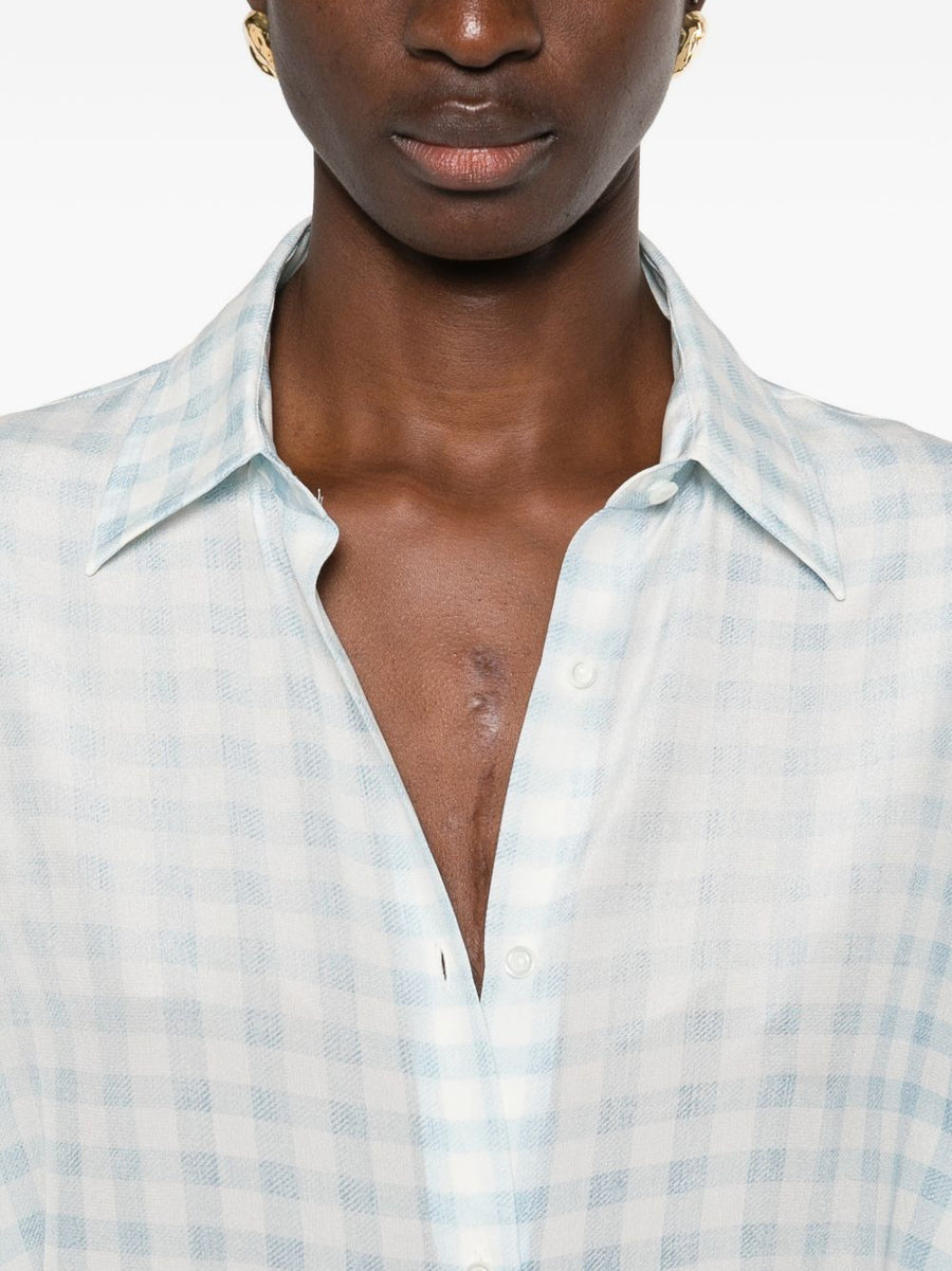 Ermanno Scervino Silk Shirt For Women Premium 100 Percent Silk Light Blue Check Pattern Polished And Versatile
