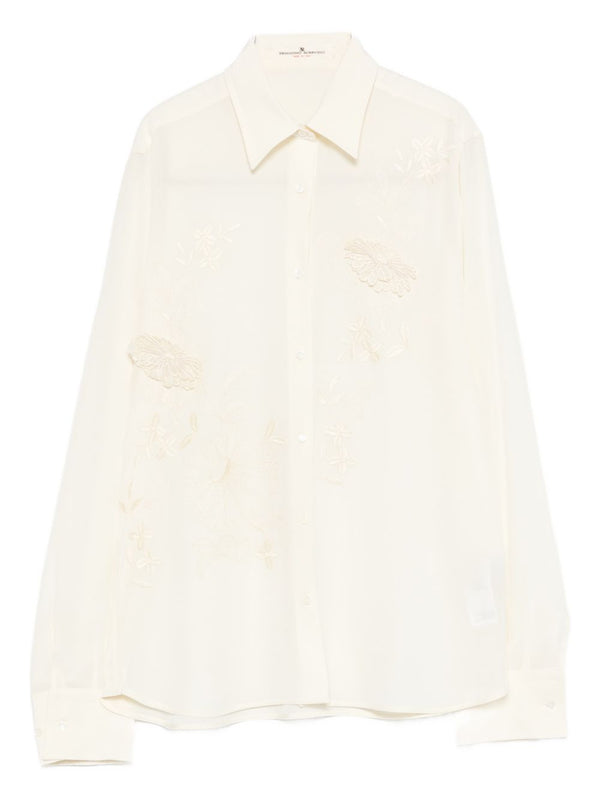 Embroidered Silk Shirt Ermanno Scervino for Women Cream Floral Embroidery White Silk Luxury Wearable Couture