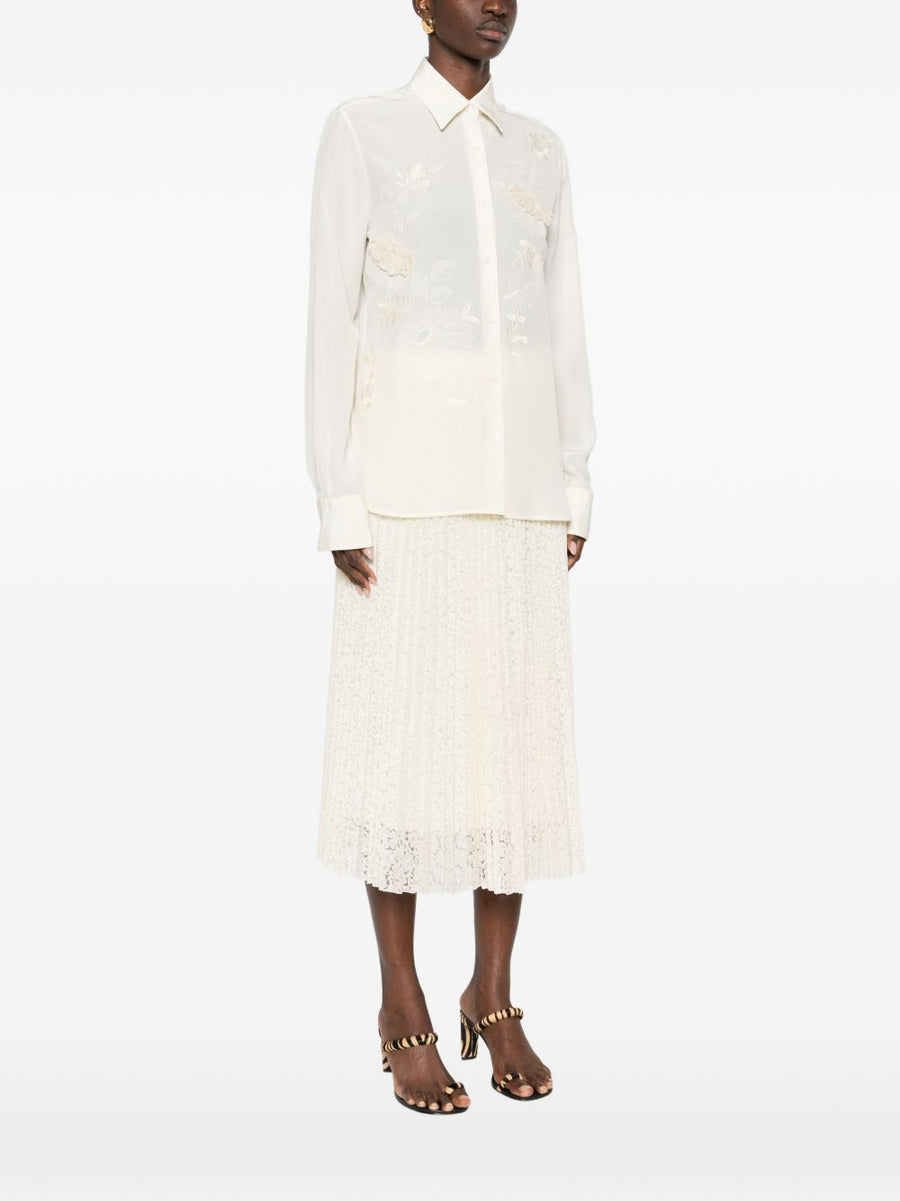 Embroidered Silk Shirt Ermanno Scervino for Women Cream Floral Embroidery White Silk Luxury Wearable Couture