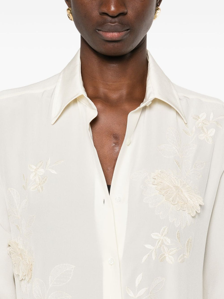 Embroidered Silk Shirt Ermanno Scervino for Women Cream Floral Embroidery White Silk Luxury Wearable Couture