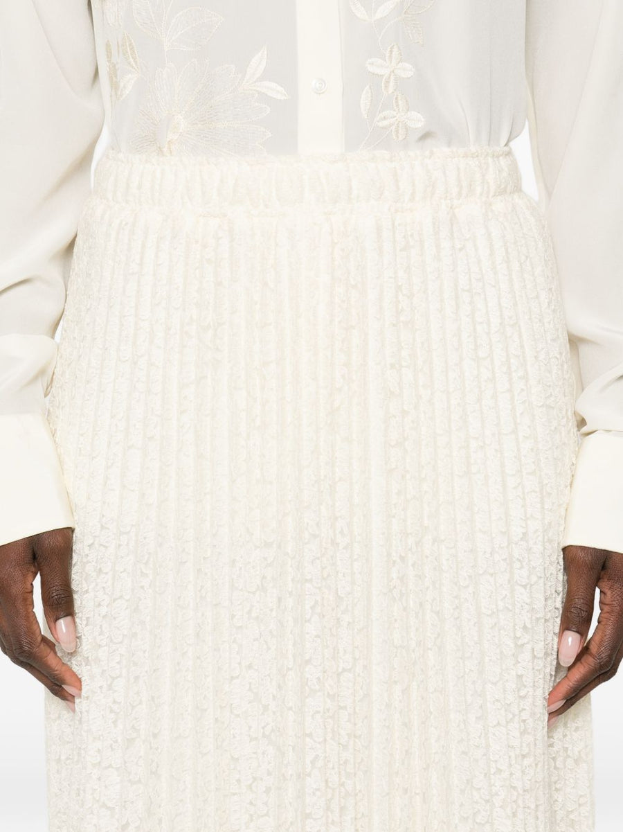 Ermanno Scervino Embroidered Long Skirt for Women Floral Pleats Elastic Waist Luxurious White