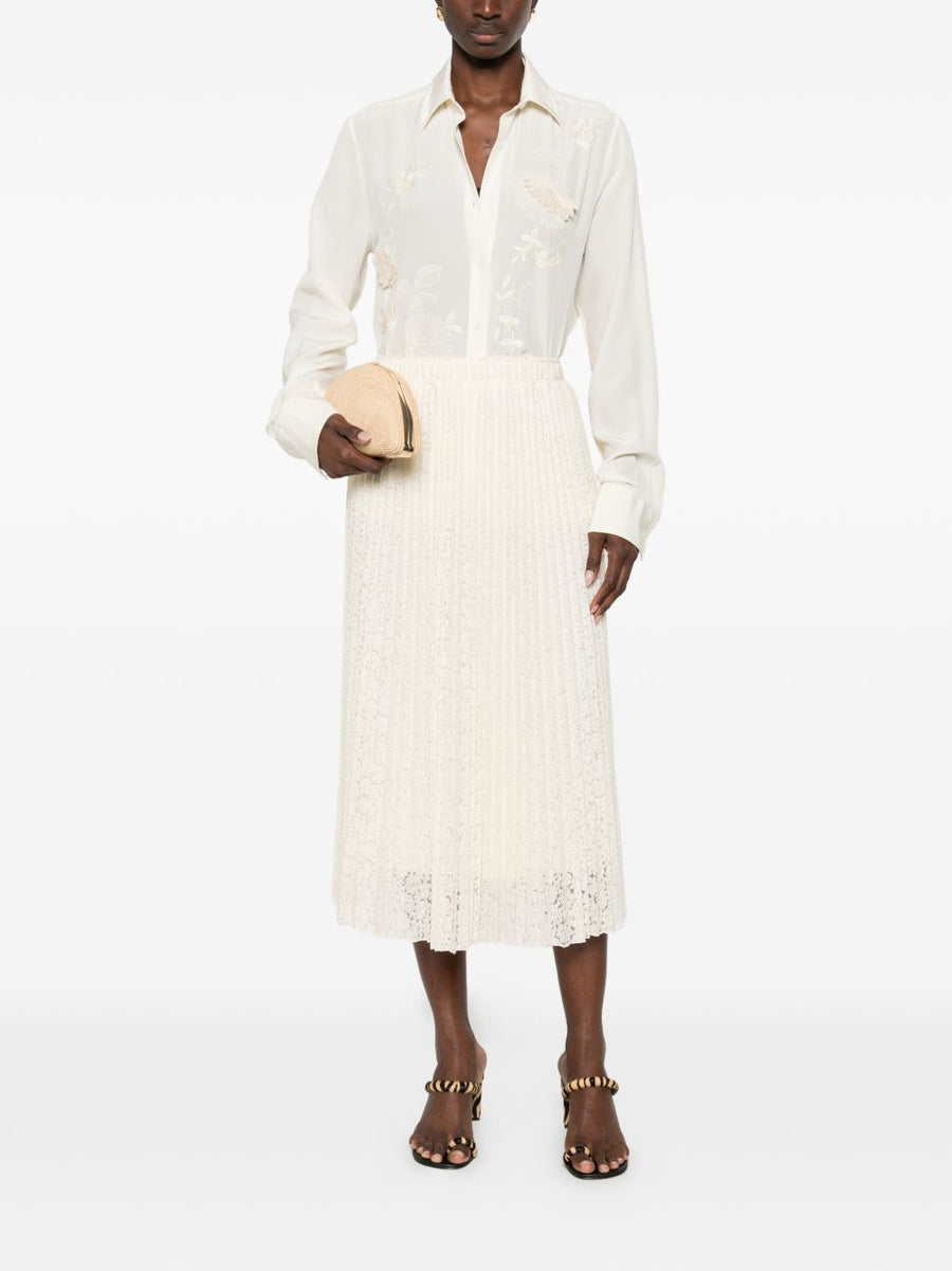 Ermanno Scervino Embroidered Long Skirt for Women Floral Pleats Elastic Waist Luxurious White