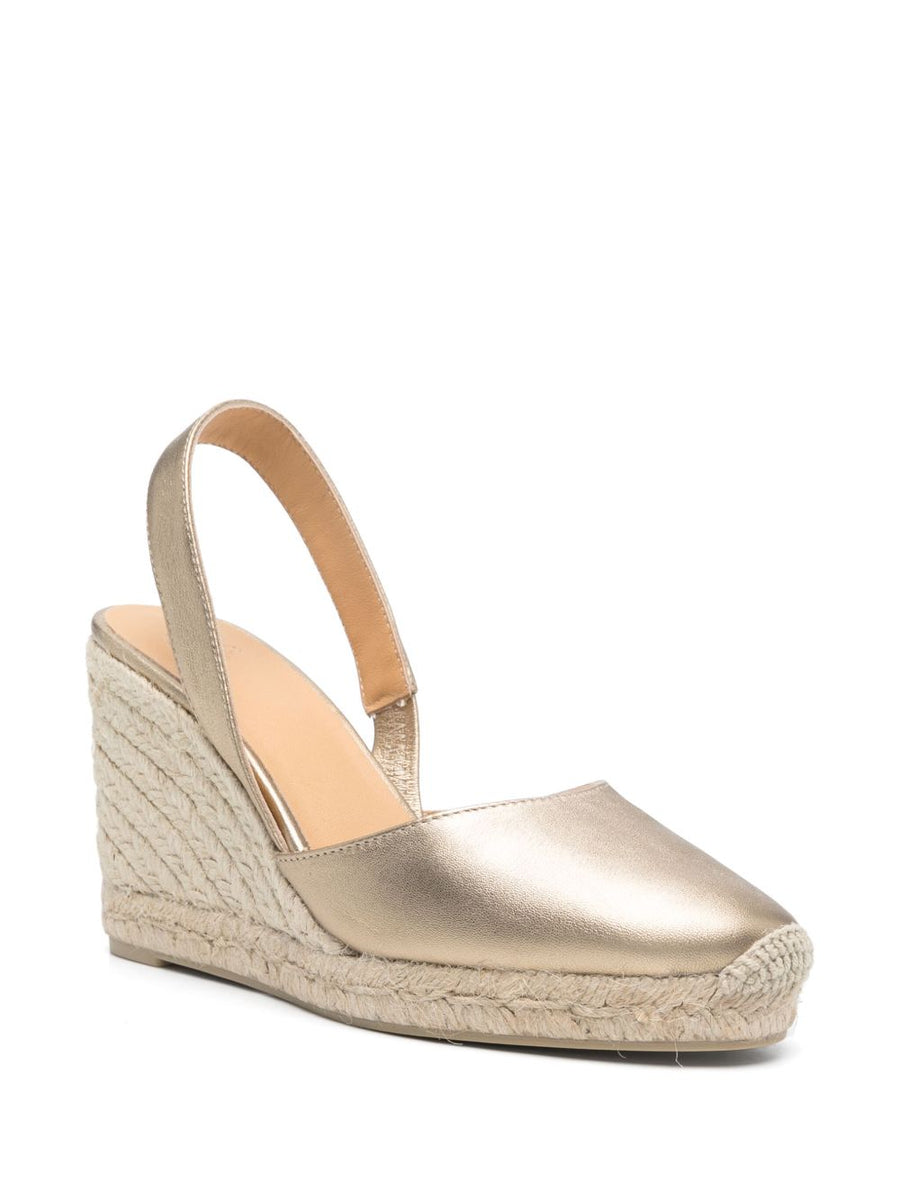 Castañer Iconic Carissa Slingback Espadrilles Leather Gold Tone Braided Raffia Wedge For Women