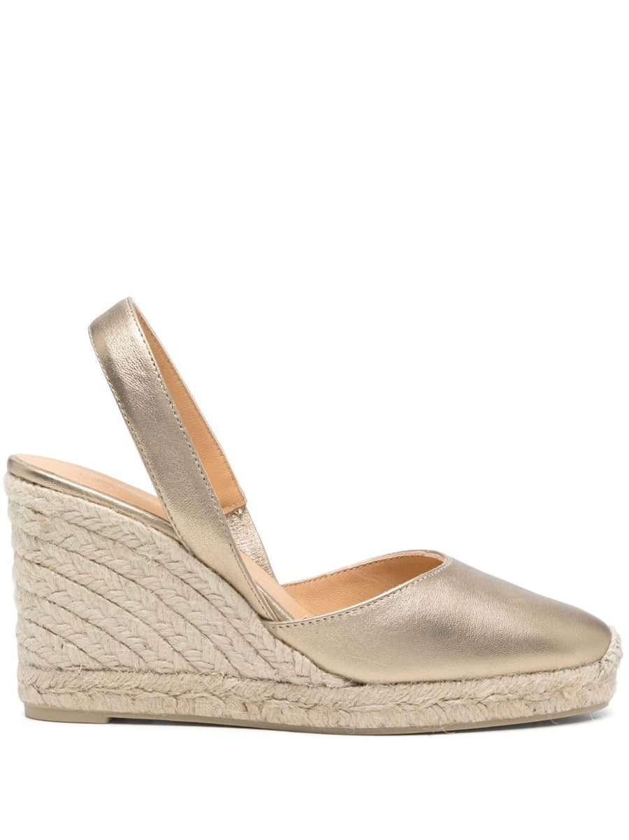 Castañer Iconic Carissa Slingback Espadrilles Leather Gold Tone Braided Raffia Wedge For Women