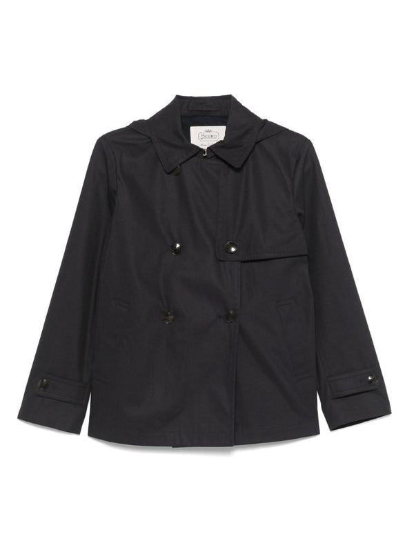 Herno Navy Short Trench Coat With Double Breasted Button Front With Storm Flap