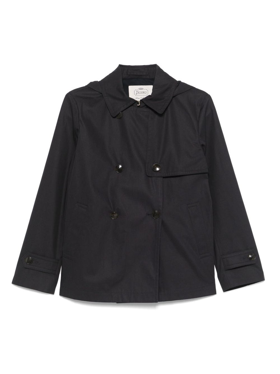 Herno Navy Short Trench Coat With Double Breasted Button Front With Storm Flap