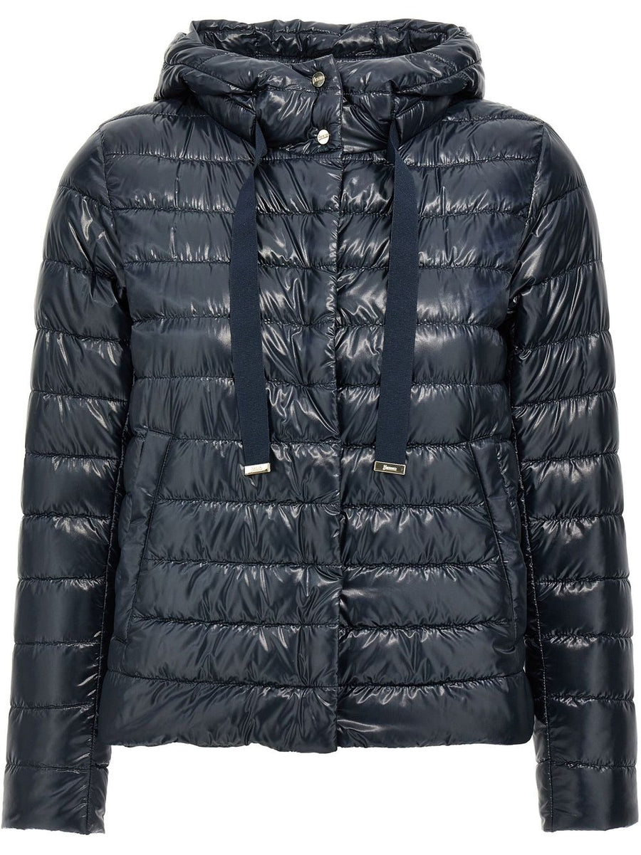 HERNO Nylon Short Down Jacket For Women Navy Quilted Exterior With Goose Feather Lining Premium Citywear