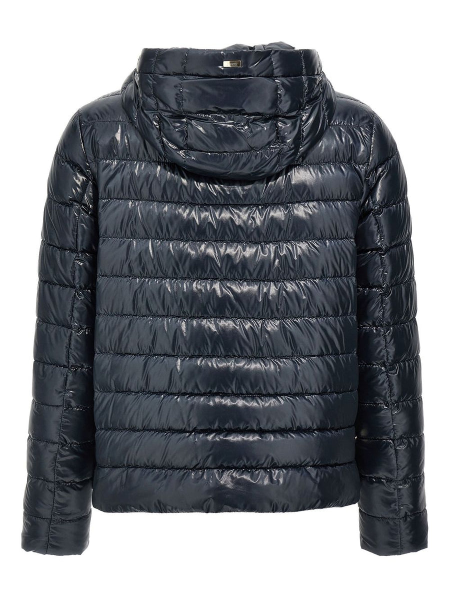 HERNO Nylon Short Down Jacket For Women Navy Quilted Exterior With Goose Feather Lining Premium Citywear