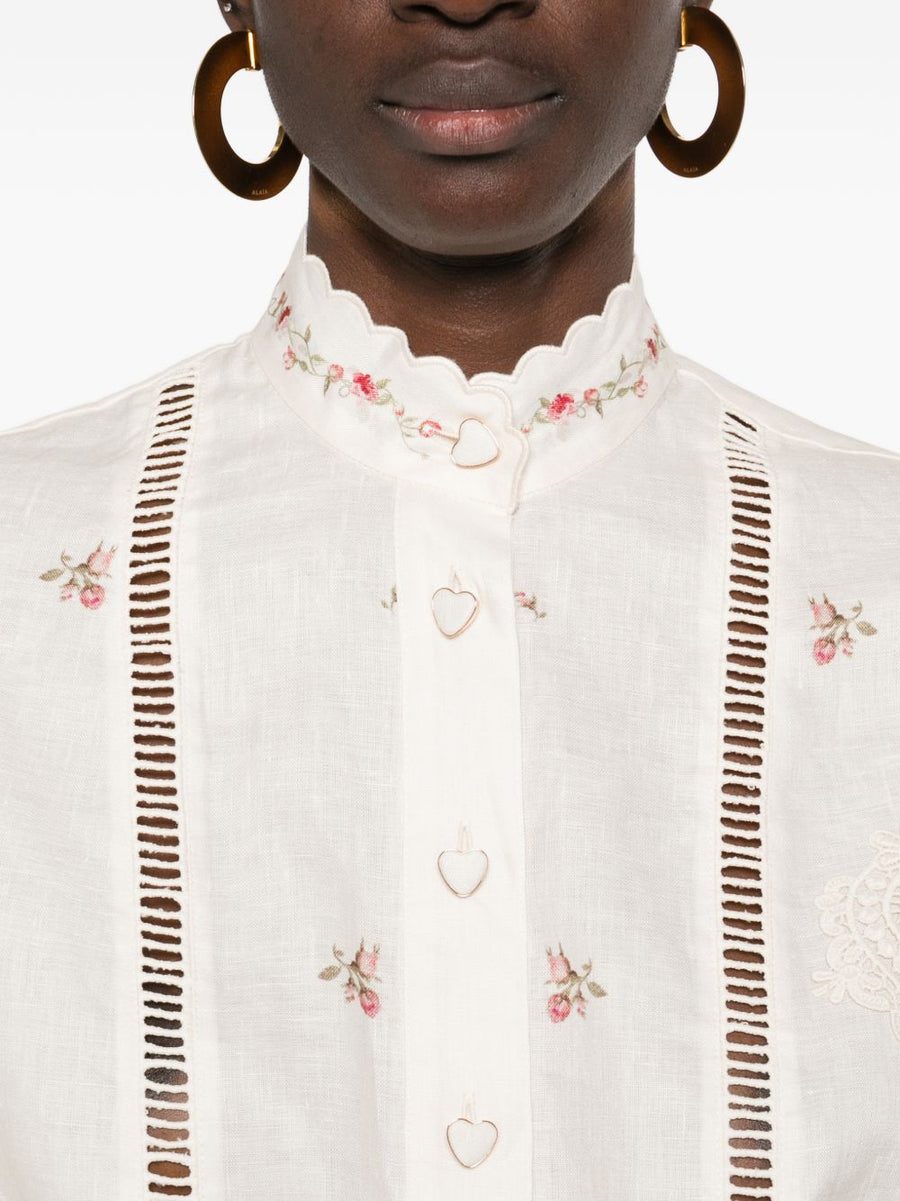 Zimmermann Patience Linen Shirt For Women Breathable 100 Percent Linen Ecru With Cream Lace And Scalloped Hem