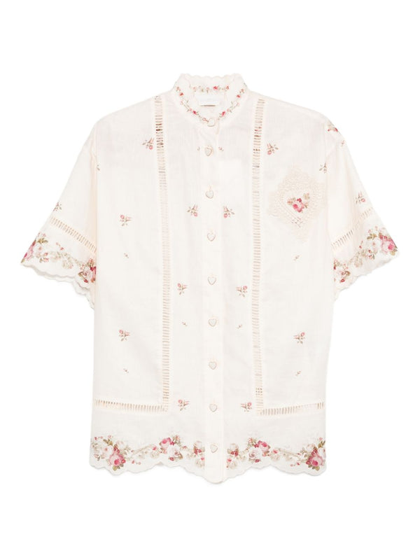 Zimmermann Patience Linen Shirt For Women Breathable 100 Percent Linen Ecru With Cream Lace And Scalloped Hem
