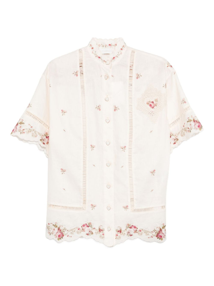Zimmermann Patience Linen Shirt For Women Breathable 100 Percent Linen Ecru With Cream Lace And Scalloped Hem