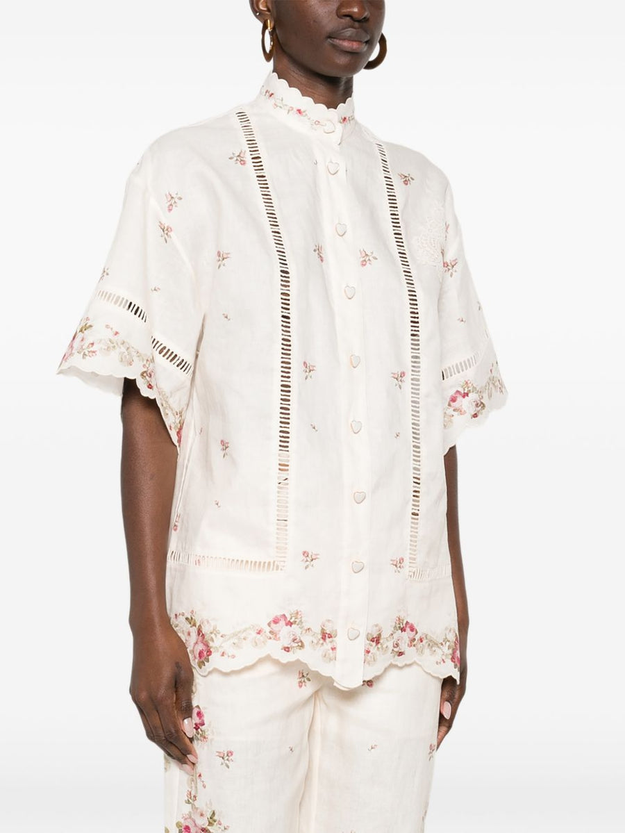 Zimmermann Patience Linen Shirt For Women Breathable 100 Percent Linen Ecru With Cream Lace And Scalloped Hem