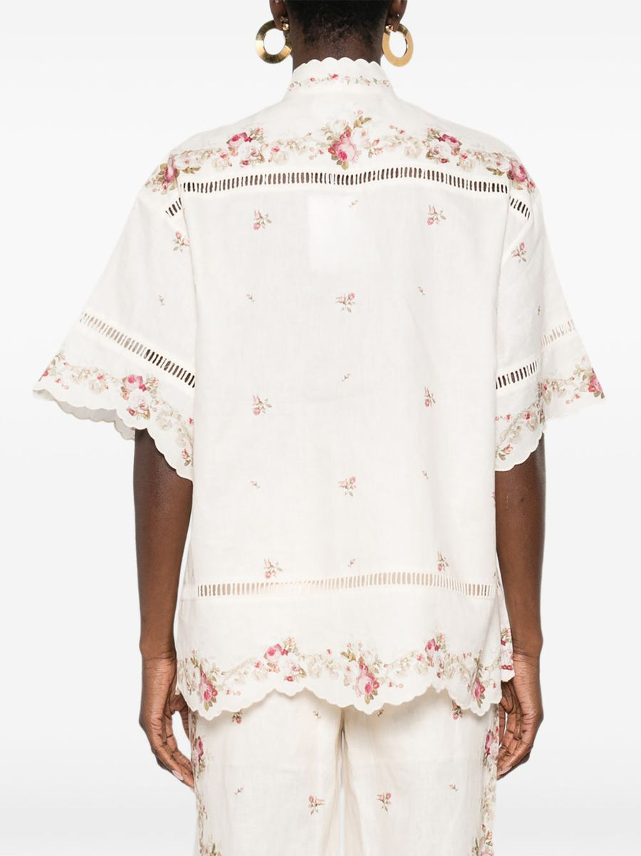 Zimmermann Patience Linen Shirt For Women Breathable 100 Percent Linen Ecru With Cream Lace And Scalloped Hem