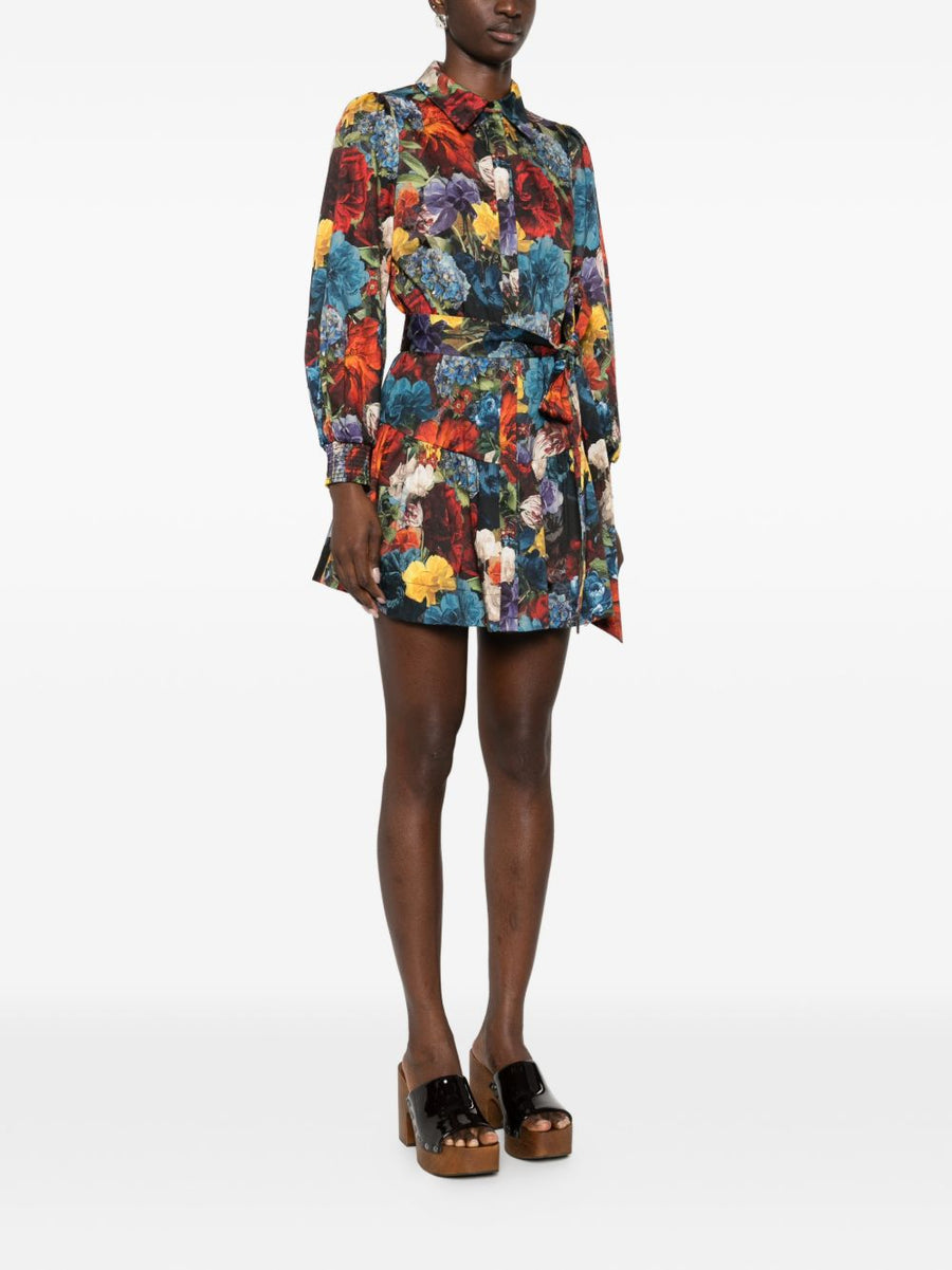 Printed Shirtdress By Alice Olivia With Tie Waist Multicolor Floral Ruffle Hem For Women Versatile Office Wear