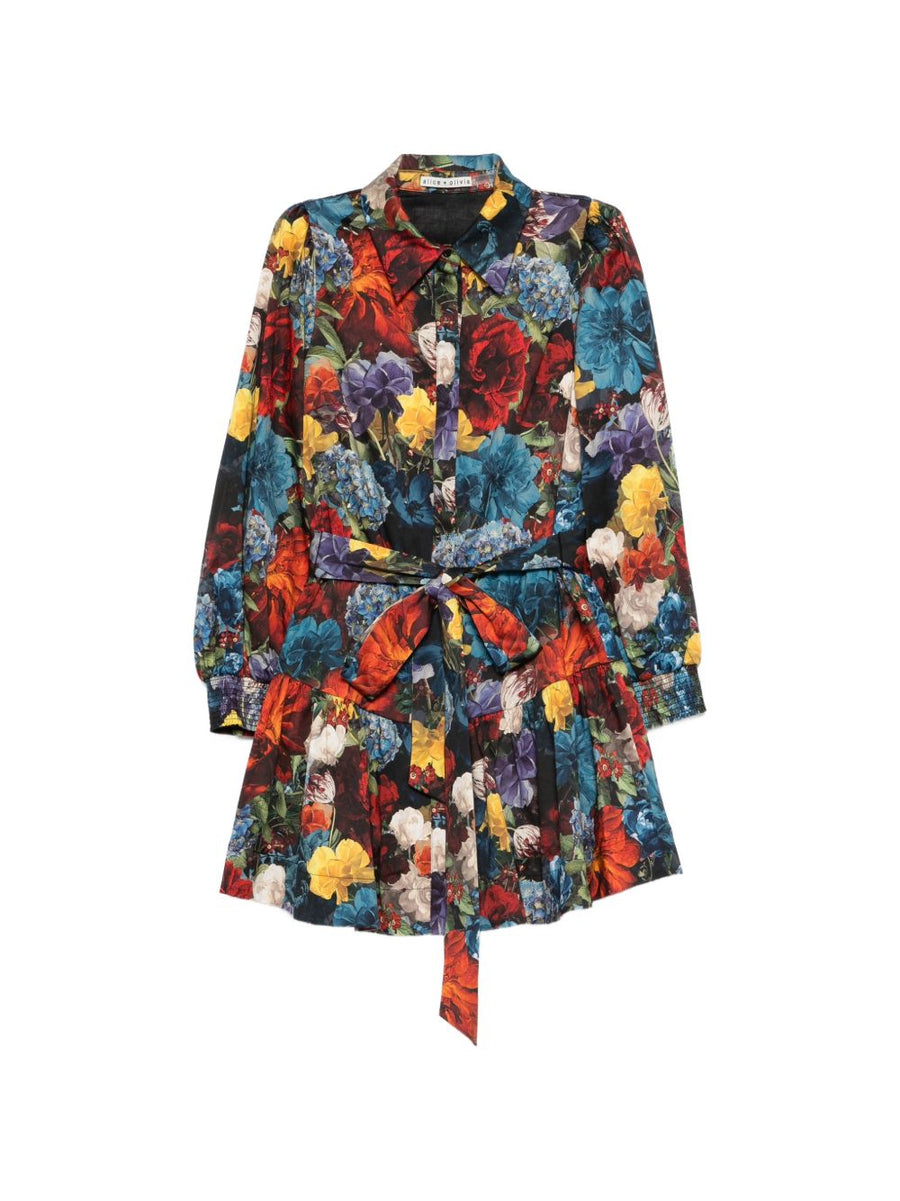 Printed Shirtdress By Alice Olivia With Tie Waist Multicolor Floral Ruffle Hem For Women Versatile Office Wear