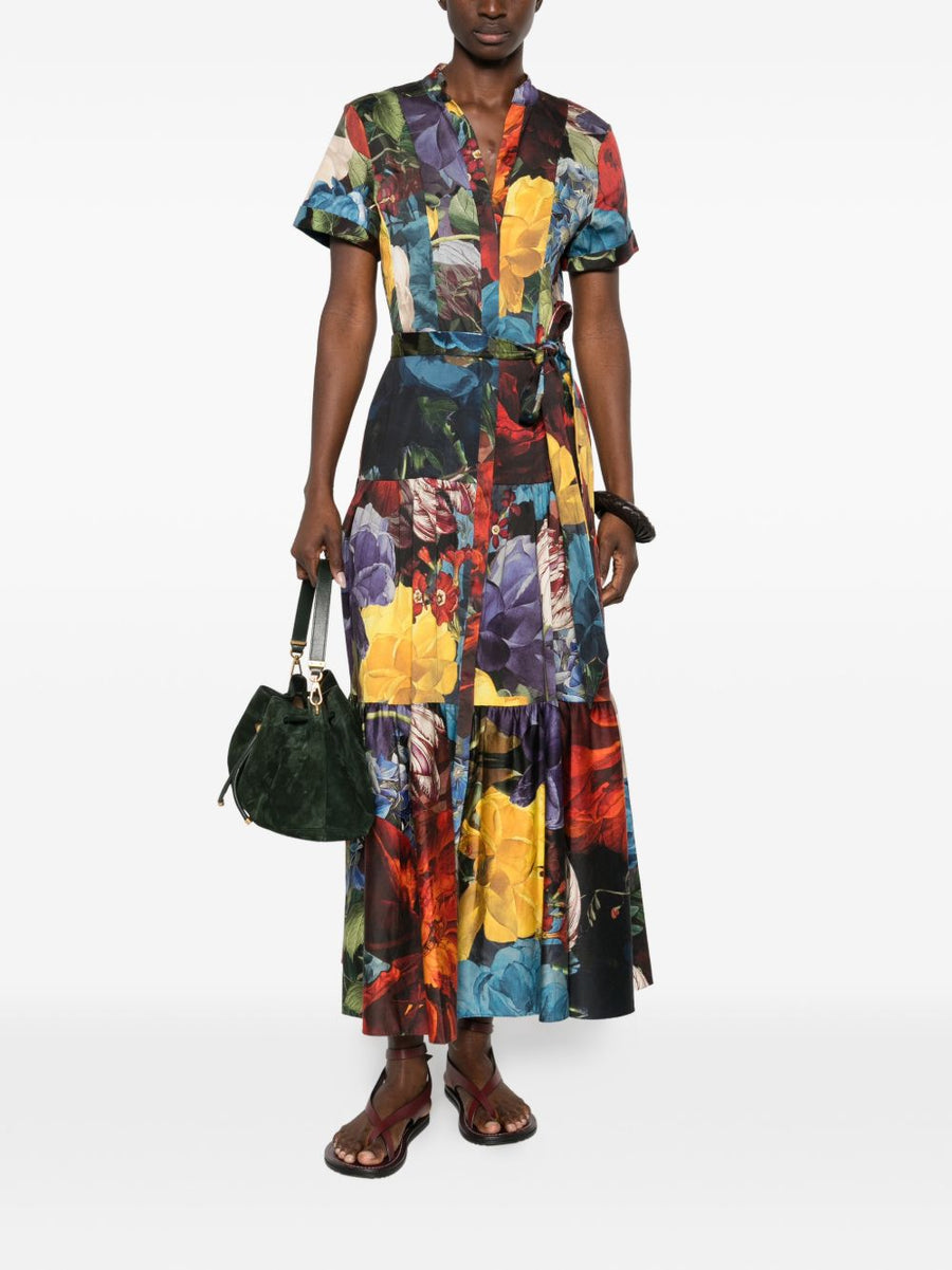 Alice + Olivia Printed Midi Dress Blue Floral With Tie Detailing And Tiered Skirt For Women