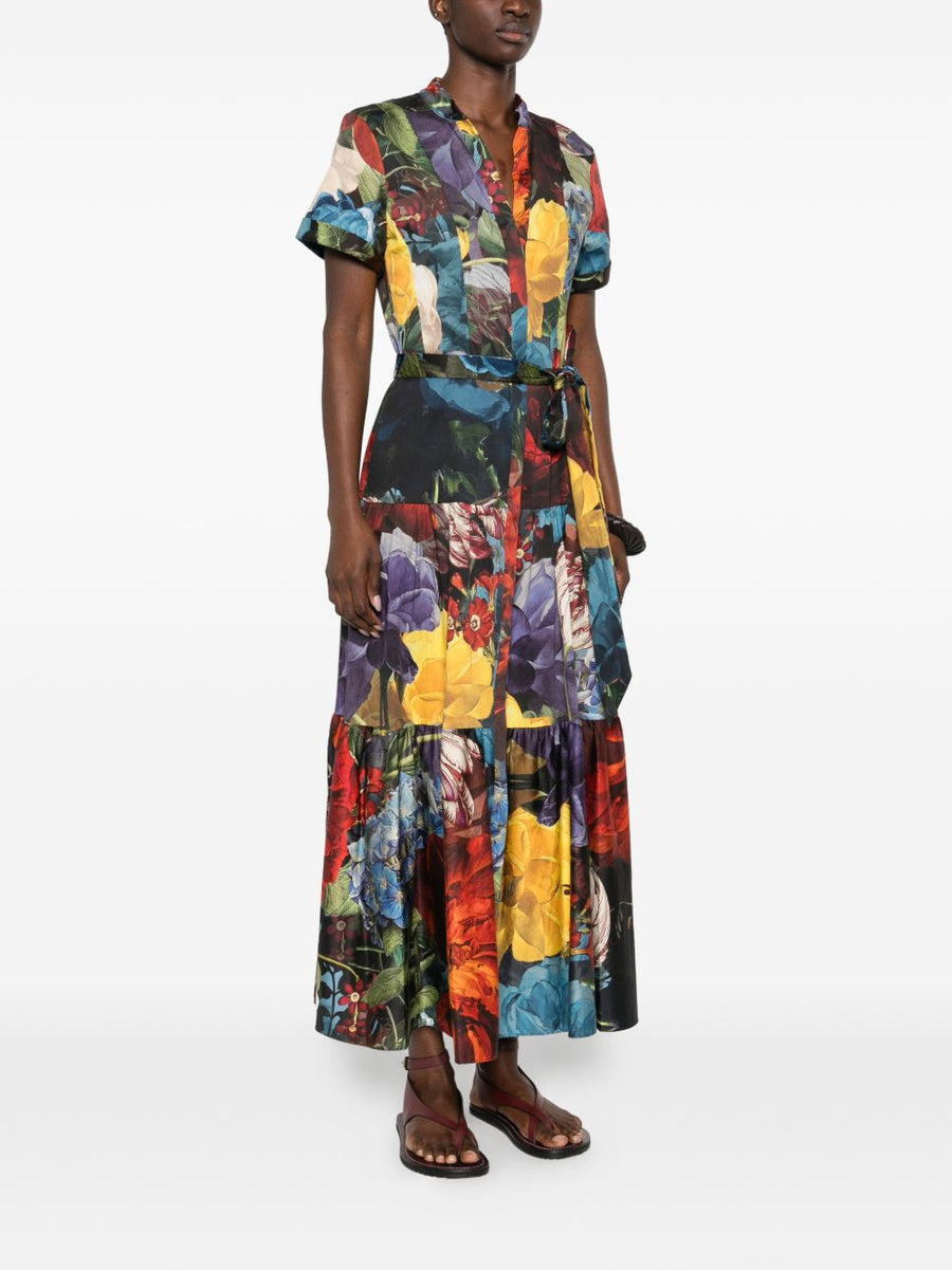 Alice + Olivia Printed Midi Dress Blue Floral With Tie Detailing And Tiered Skirt For Women