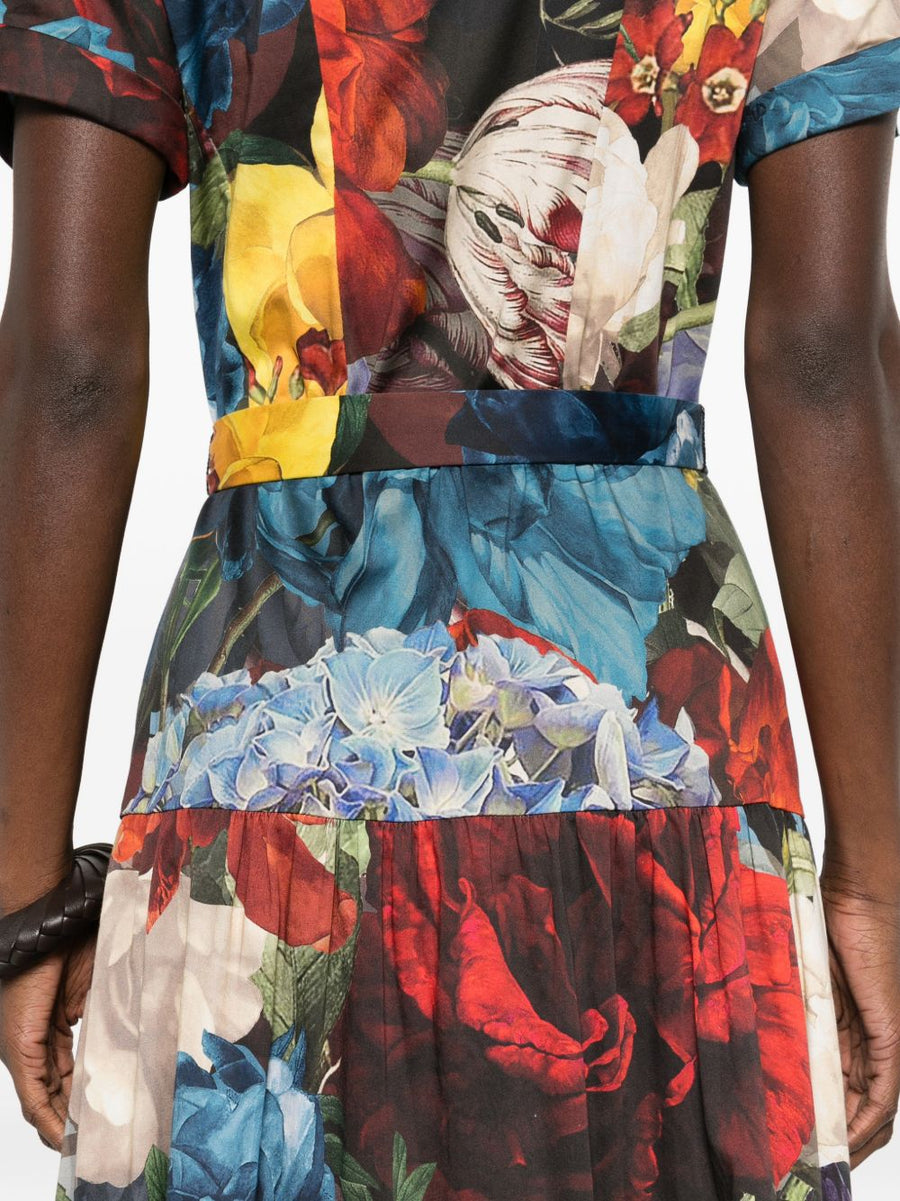 Alice + Olivia Printed Midi Dress Blue Floral With Tie Detailing And Tiered Skirt For Women