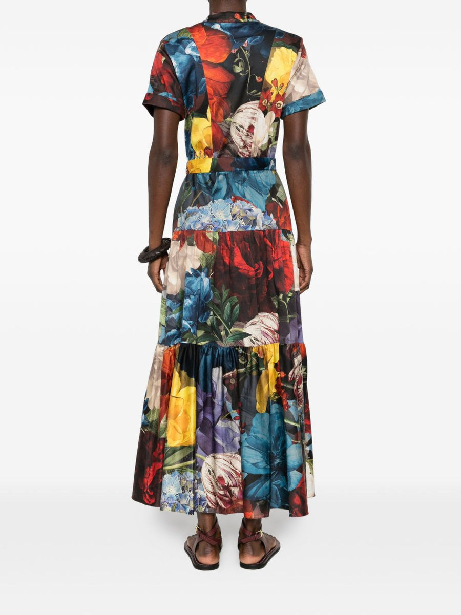 Alice + Olivia Printed Midi Dress Blue Floral With Tie Detailing And Tiered Skirt For Women