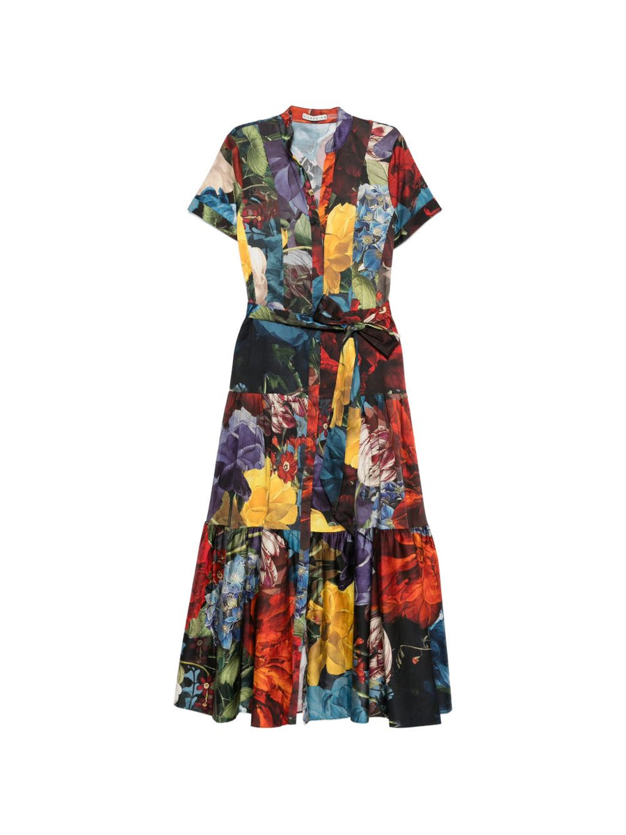 Alice + Olivia Printed Midi Dress Blue Floral With Tie Detailing And Tiered Skirt For Women