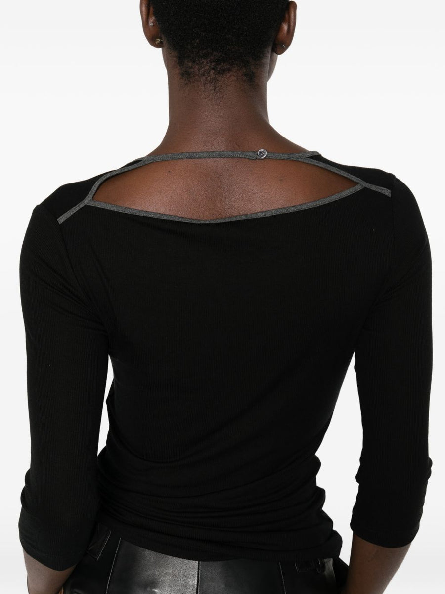 Iro Thanya Ribbed Sweater For Women Versatile Black Lyocell Blend Top With Round Neck And Three Quarter Sleeves