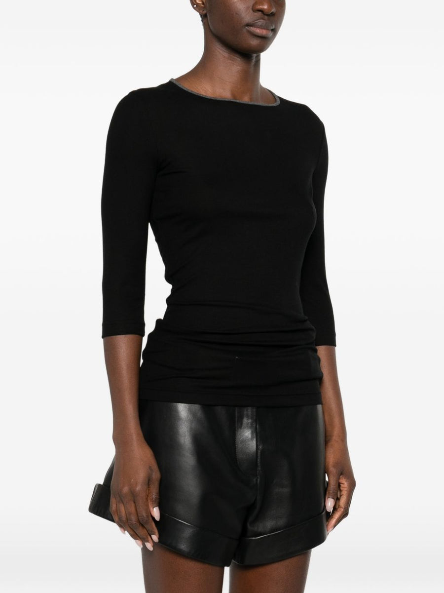 Iro Thanya Ribbed Sweater For Women Versatile Black Lyocell Blend Top With Round Neck And Three Quarter Sleeves