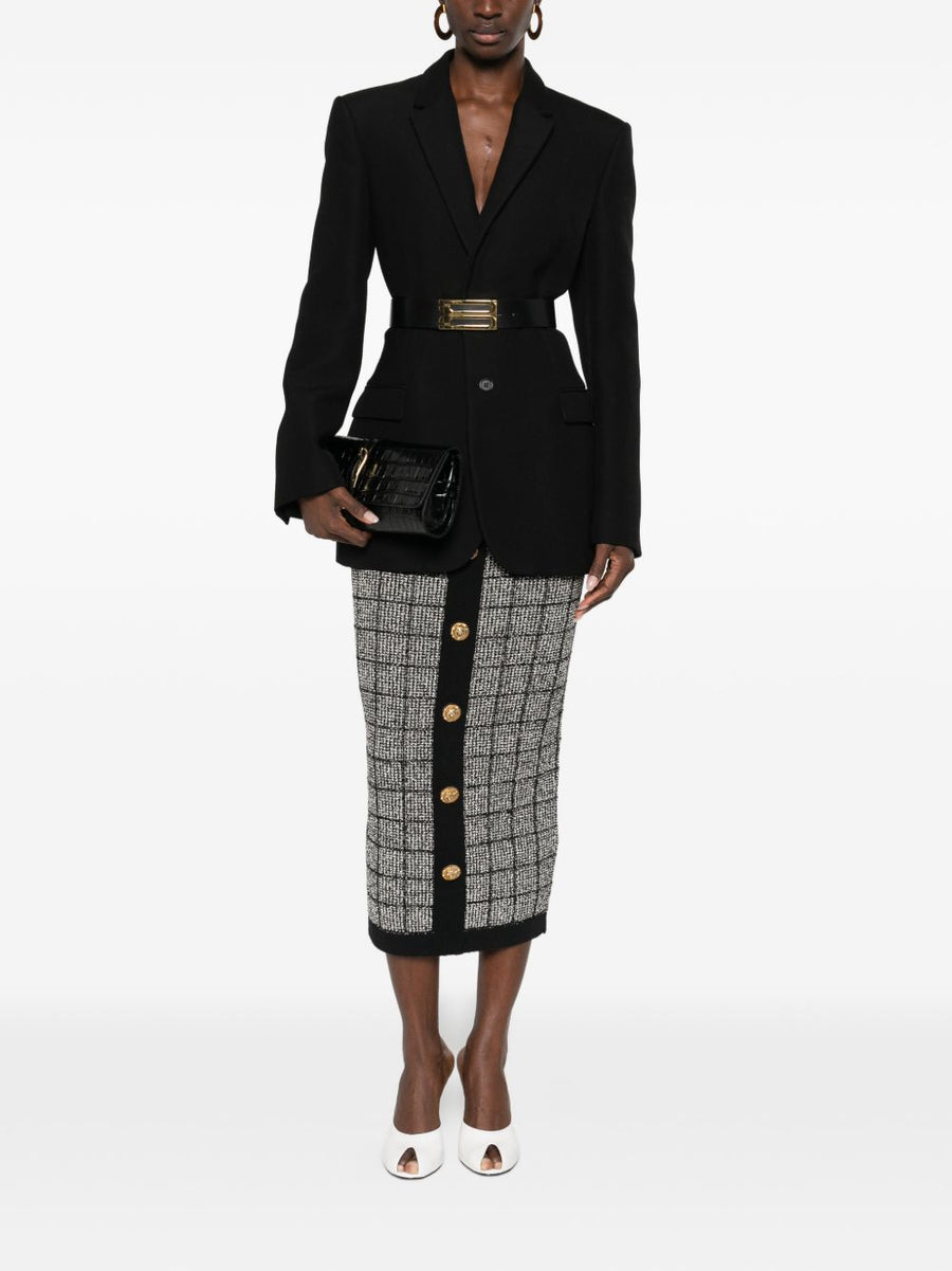 Balmain Tweed Long Skirt With High Waist Black Check Gold Buttons Tailored For Women Smart Casual Luxe Summer 2026