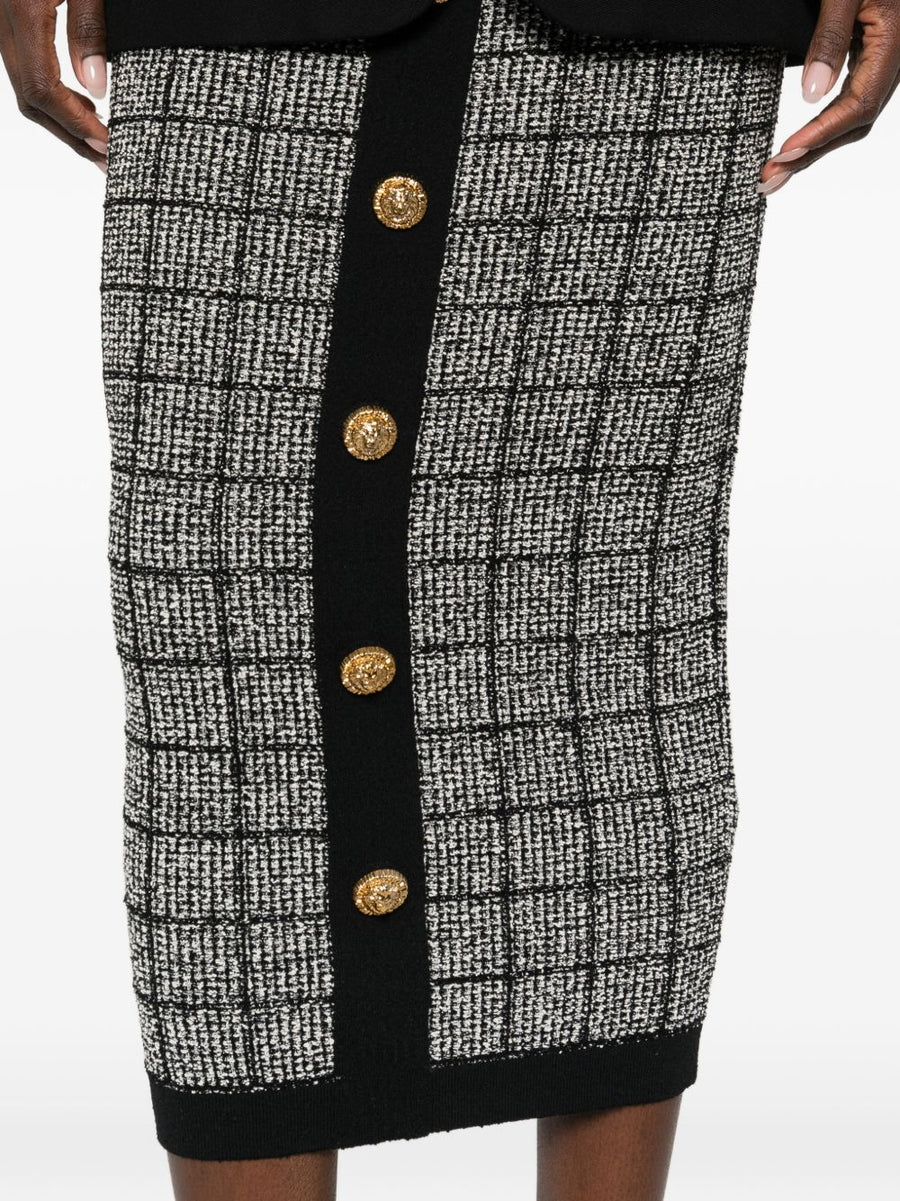 Balmain Tweed Long Skirt With High Waist Black Check Gold Buttons Tailored For Women Smart Casual Luxe Summer 2026