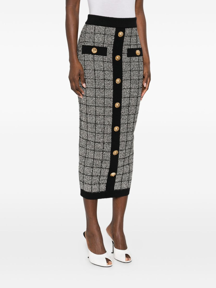 Balmain Tweed Long Skirt With High Waist Black Check Gold Buttons Tailored For Women Smart Casual Luxe Summer 2026