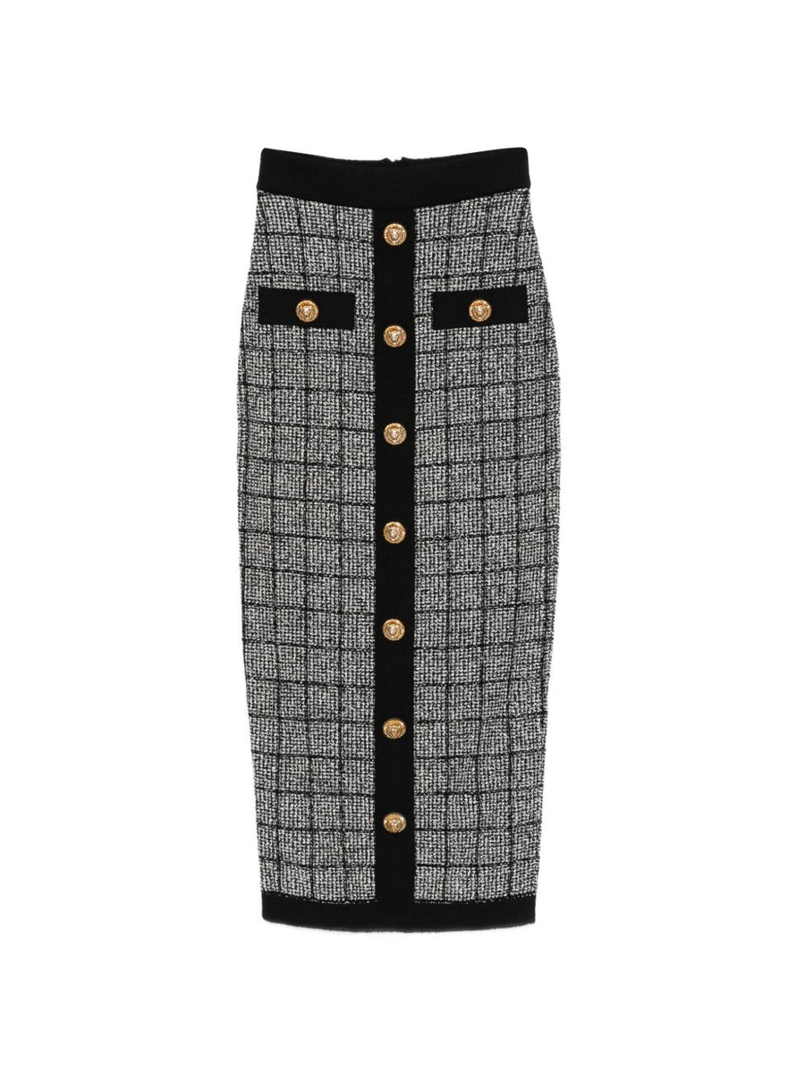 Balmain Tweed Long Skirt With High Waist Black Check Gold Buttons Tailored For Women Smart Casual Luxe Summer 2026