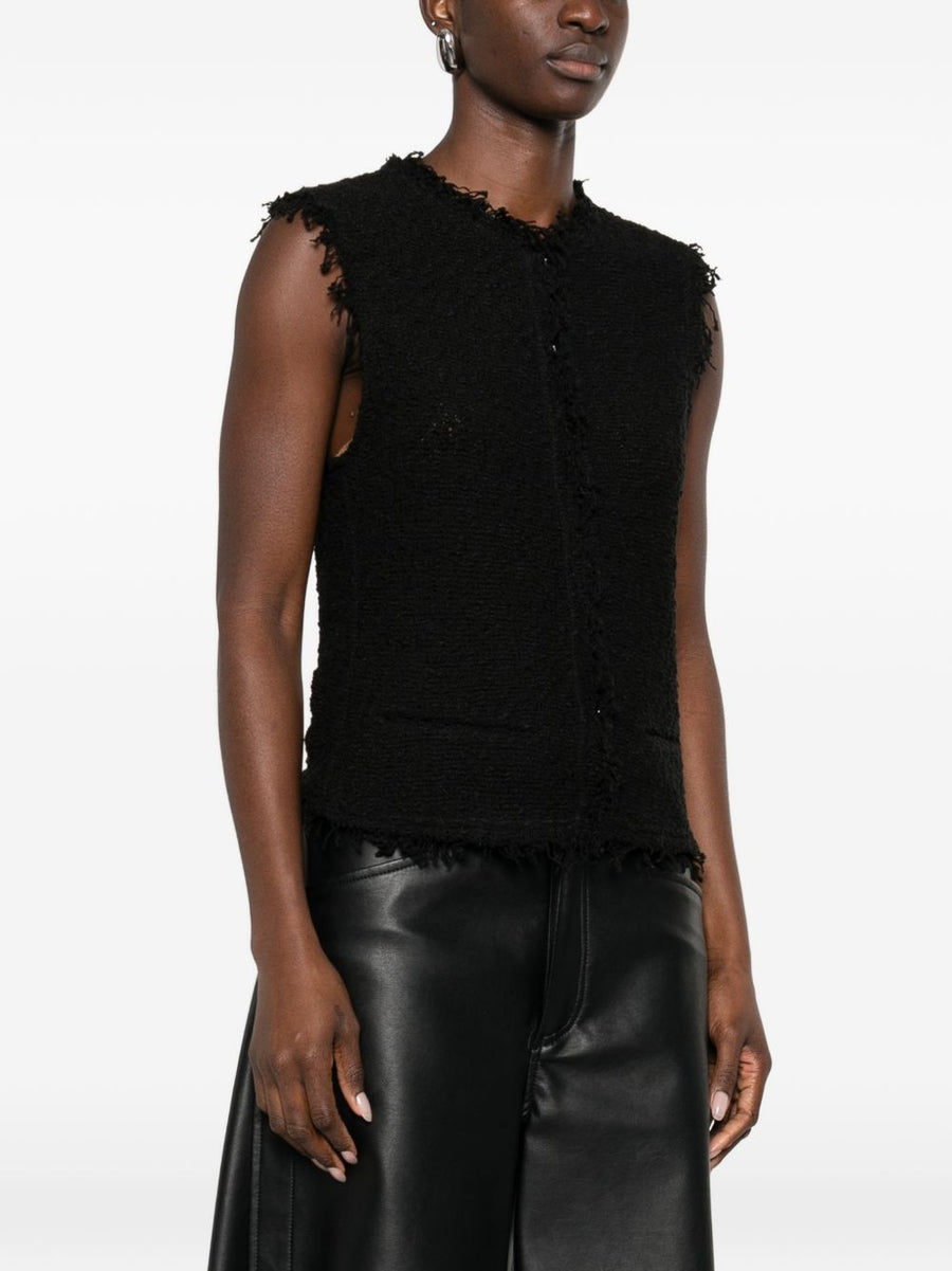 Iro Shanny Cotton Vest For Women With Frayed Edges Black Sleeveless Crew Neck Top