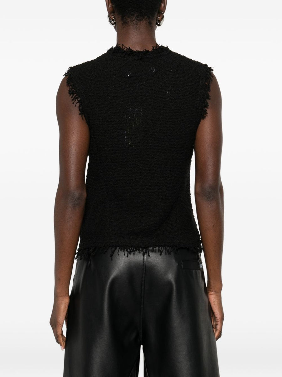Iro Shanny Cotton Vest For Women With Frayed Edges Black Sleeveless Crew Neck Top