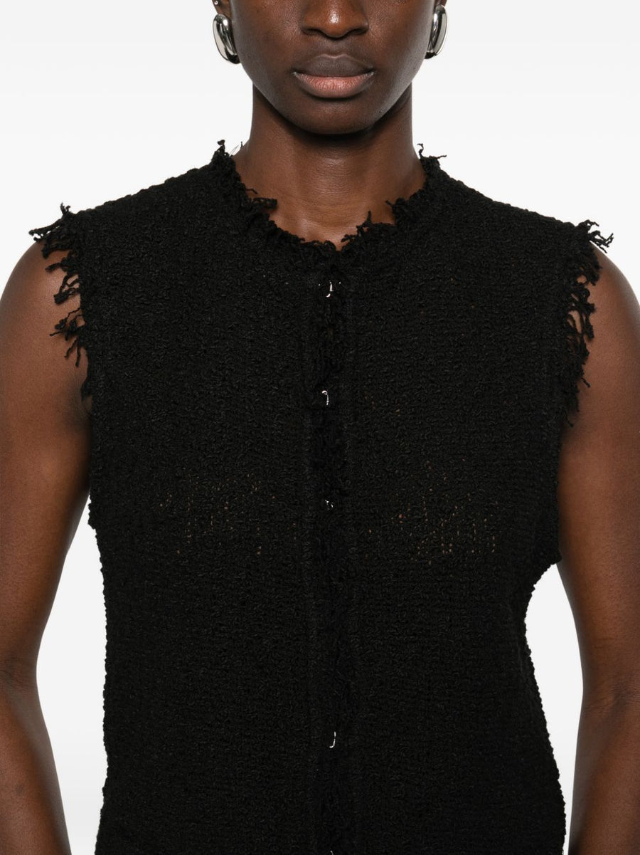 Iro Shanny Cotton Vest For Women With Frayed Edges Black Sleeveless Crew Neck Top