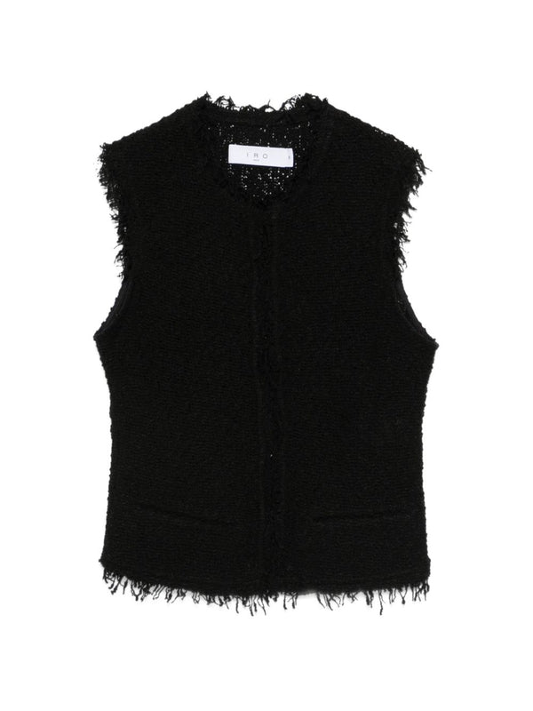 Iro Shanny Cotton Vest For Women With Frayed Edges Black Sleeveless Crew Neck Top