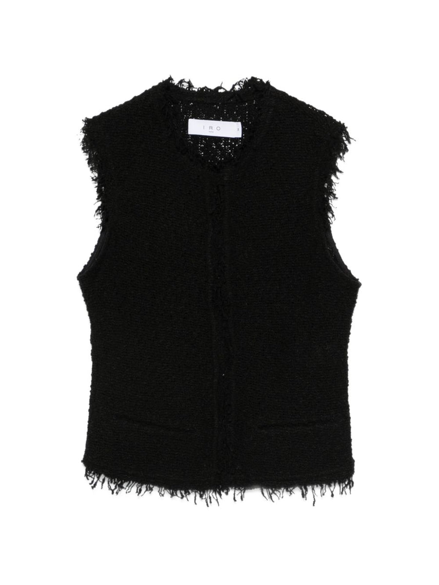 Iro Shanny Cotton Vest For Women With Frayed Edges Black Sleeveless Crew Neck Top