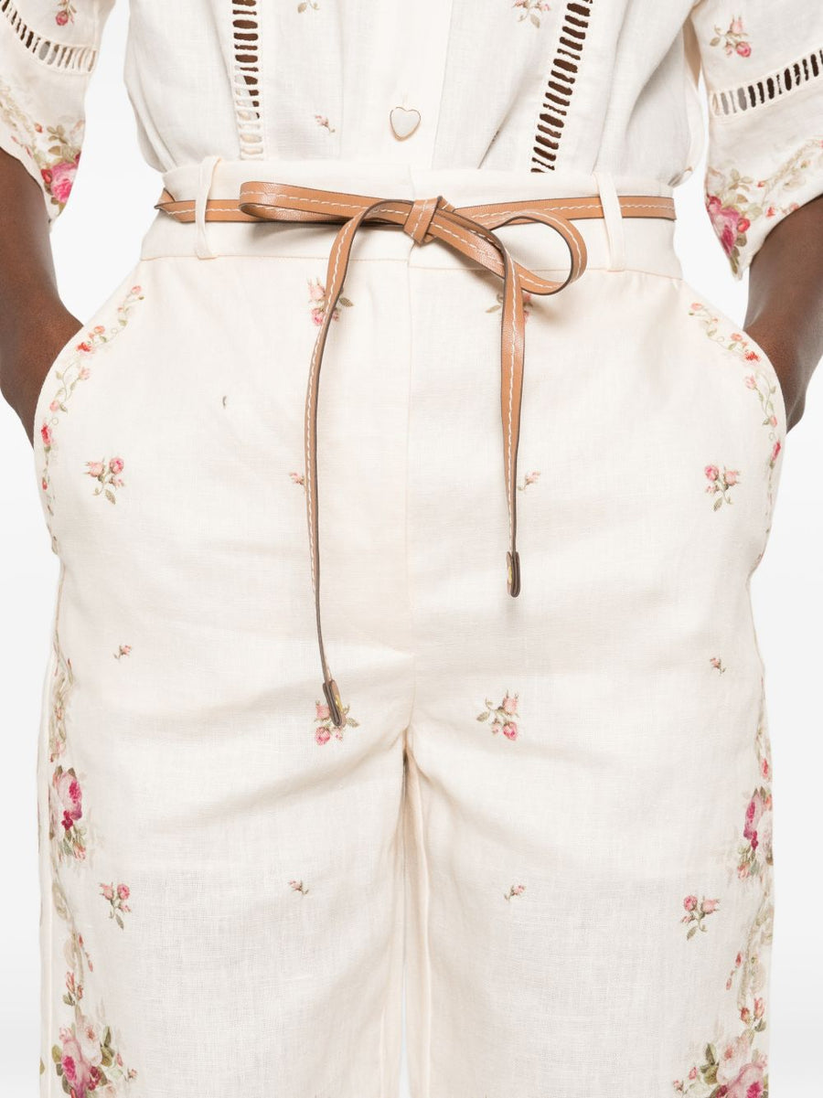 Zimmermann Patience Linen Trousers For Women Resort Ready 100 Percent Linen With Cream Floral Embroidery