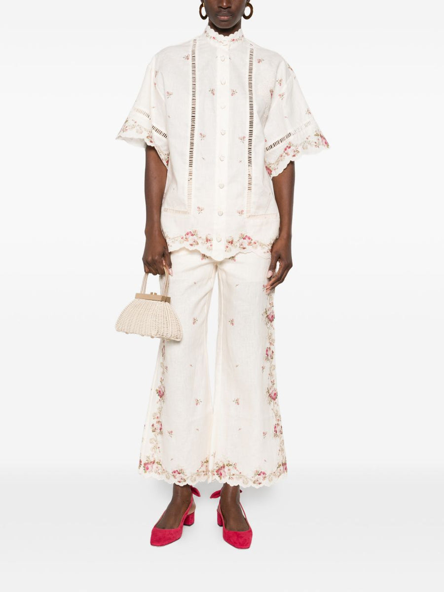 Zimmermann Patience Linen Trousers For Women Resort Ready 100 Percent Linen With Cream Floral Embroidery