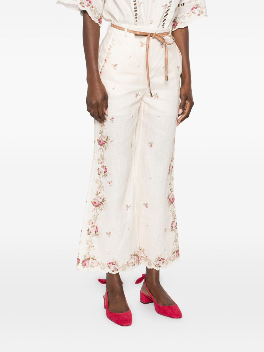 Zimmermann Patience Linen Trousers For Women Resort Ready 100 Percent Linen With Cream Floral Embroidery