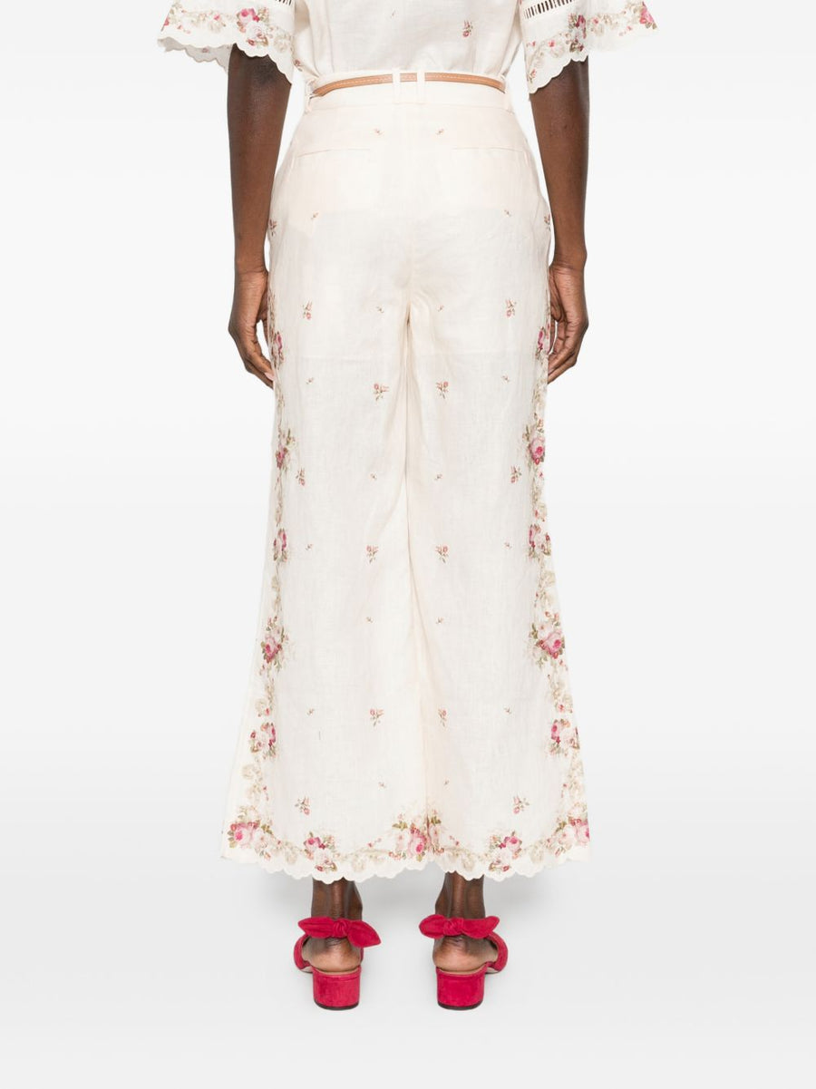 Zimmermann Patience Linen Trousers For Women Resort Ready 100 Percent Linen With Cream Floral Embroidery